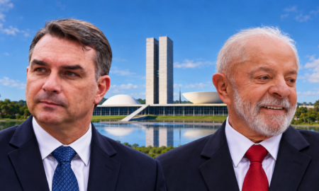 Flávio Bolsonaro x Lula (Fotos: Divulgação/fundo com auxílio de IA)
