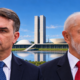 Flávio Bolsonaro x Lula (Fotos: Divulgação/fundo com auxílio de IA)