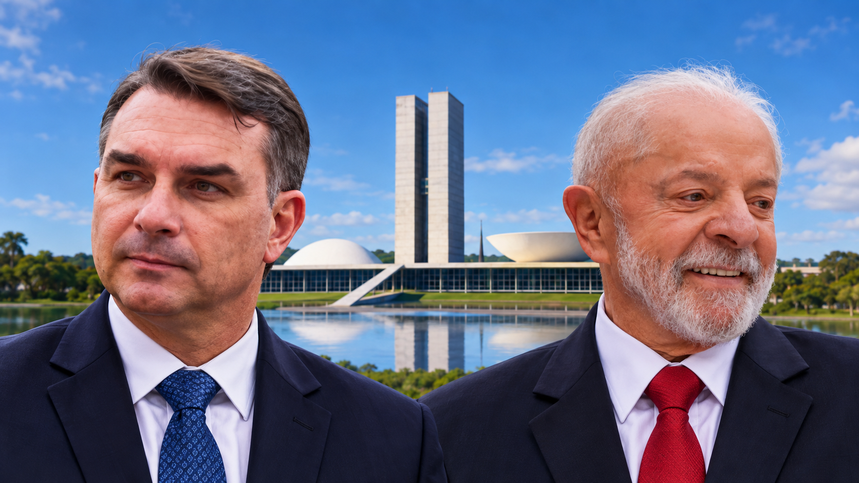 Flávio Bolsonaro x Lula (Fotos: Divulgação/fundo com auxílio de IA)